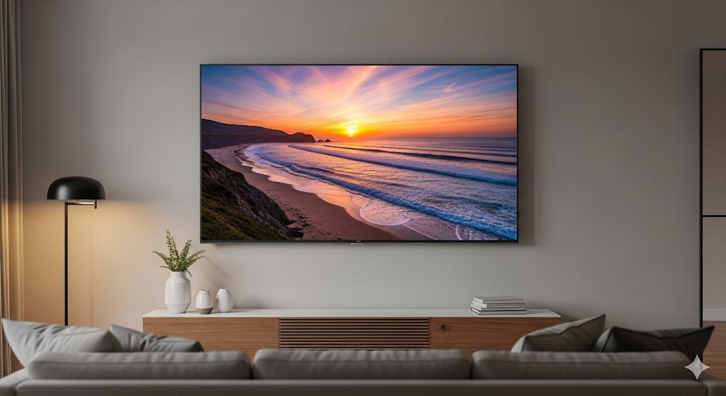 OLED vs QLED televisie vergelijking - moderne Smart TV met prachtige beeldkwaliteit toont zonsondergang over oceaan