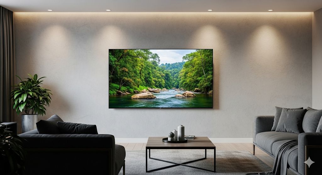 Woonkamer TV opstelling voorbeeld - rivier landschap toont hoe kamerindeling TV grootte keuze beïnvloedt